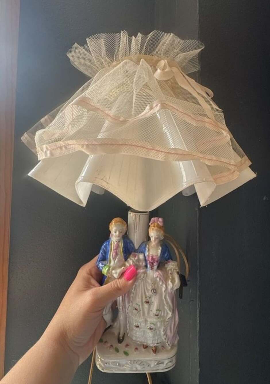 Vintage Porcelain Figural Couple Boudoir Lamp with Tulle Shade